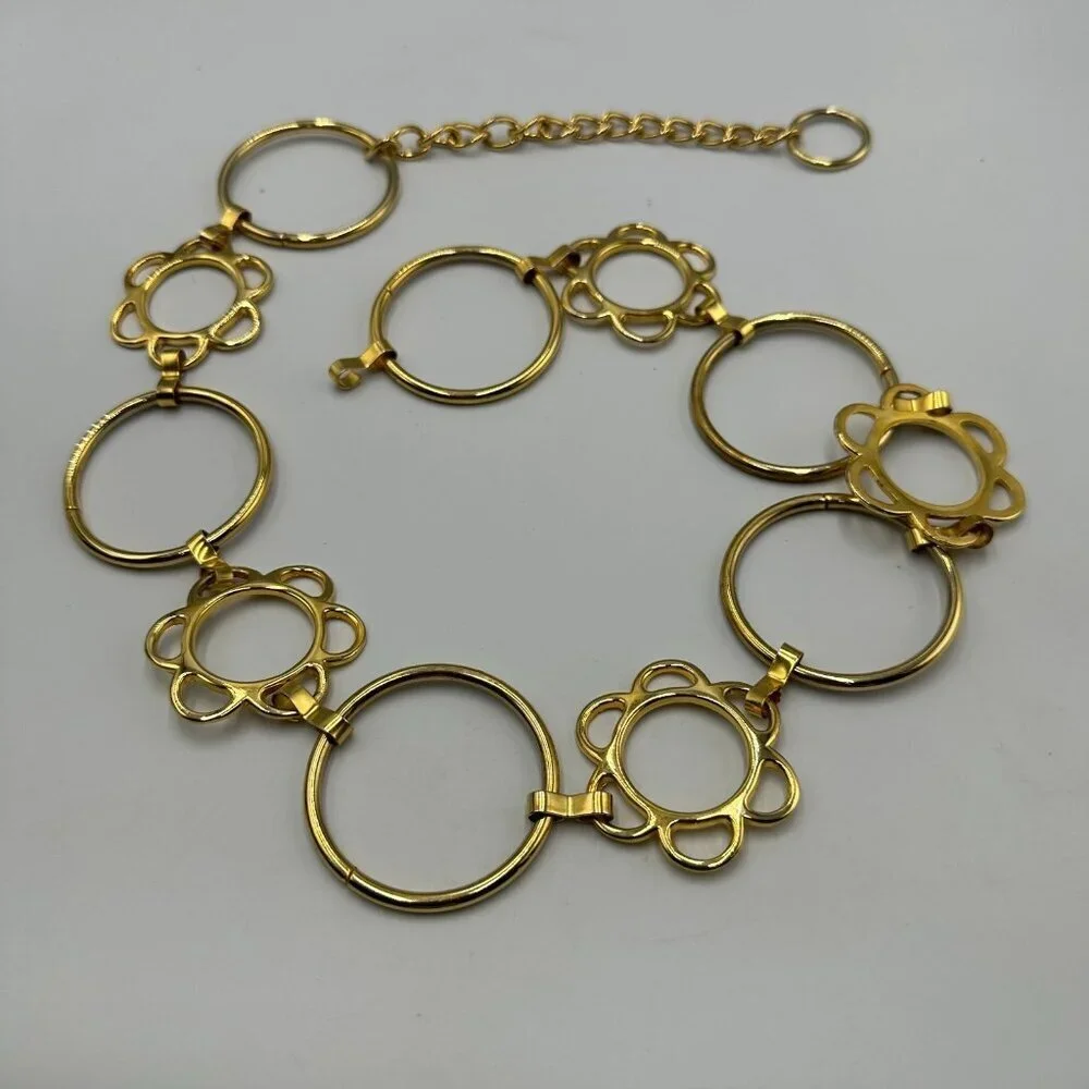 Gold Tone Floral Circle Link Chain Belt Adjustable Statement MISSING CLASP
